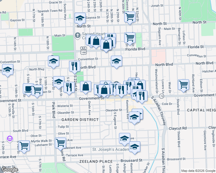 map of restaurants, bars, coffee shops, grocery stores, and more near 2552 Spain Street in Baton Rouge
