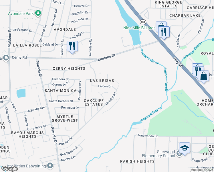 map of restaurants, bars, coffee shops, grocery stores, and more near 6901 Falcon Lane in Bellview