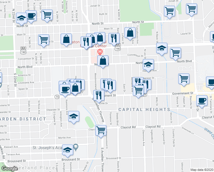 map of restaurants, bars, coffee shops, grocery stores, and more near 340 West Drive in Baton Rouge