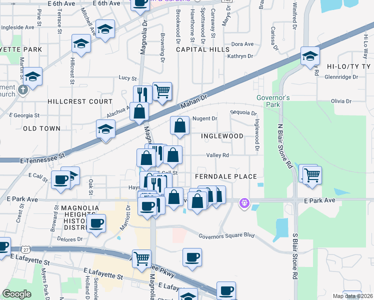 map of restaurants, bars, coffee shops, grocery stores, and more near 327 Office Plaza Drive in Tallahassee