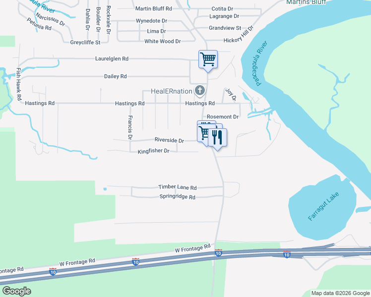 map of restaurants, bars, coffee shops, grocery stores, and more near 1504 Kingfisher Drive in Gautier
