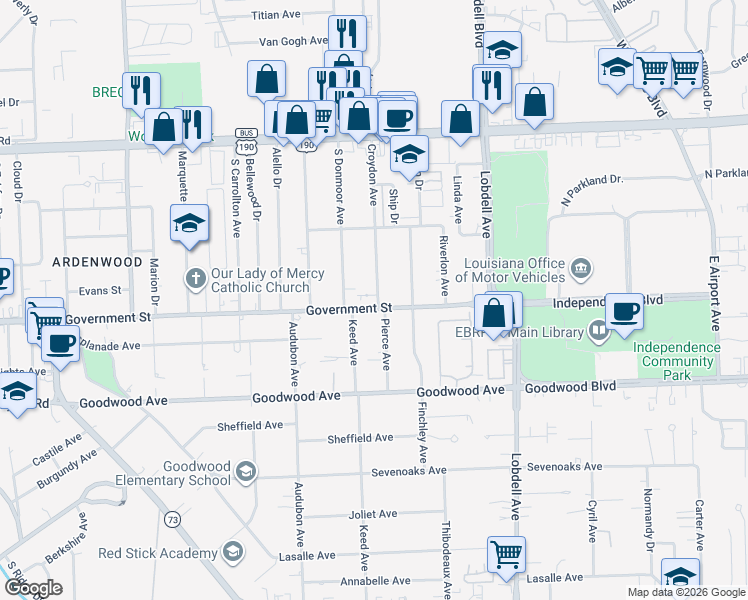 map of restaurants, bars, coffee shops, grocery stores, and more near 7036 Etage Court in Baton Rouge