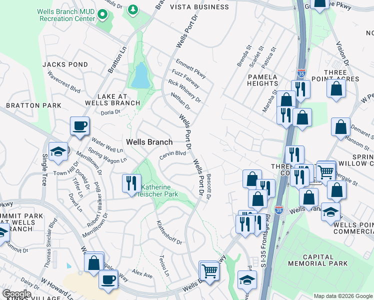 map of restaurants, bars, coffee shops, grocery stores, and more near 14932 Bescott Drive in Austin