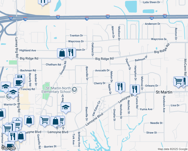 map of restaurants, bars, coffee shops, grocery stores, and more near 7116 Mandarin Drive in Biloxi