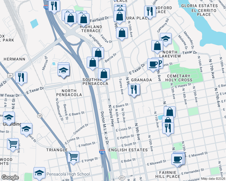 map of restaurants, bars, coffee shops, grocery stores, and more near 3101 N 6th Ave in Pensacola