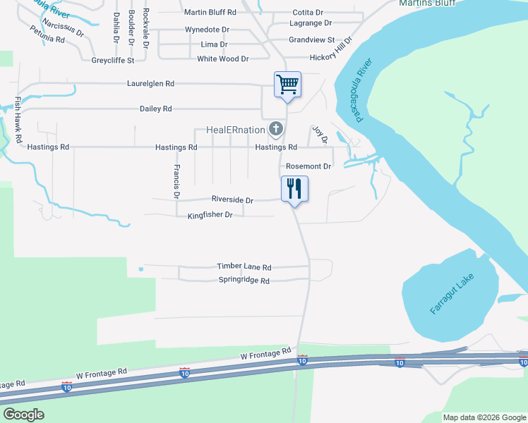 map of restaurants, bars, coffee shops, grocery stores, and more near 1504 Kingfisher Drive in Gautier