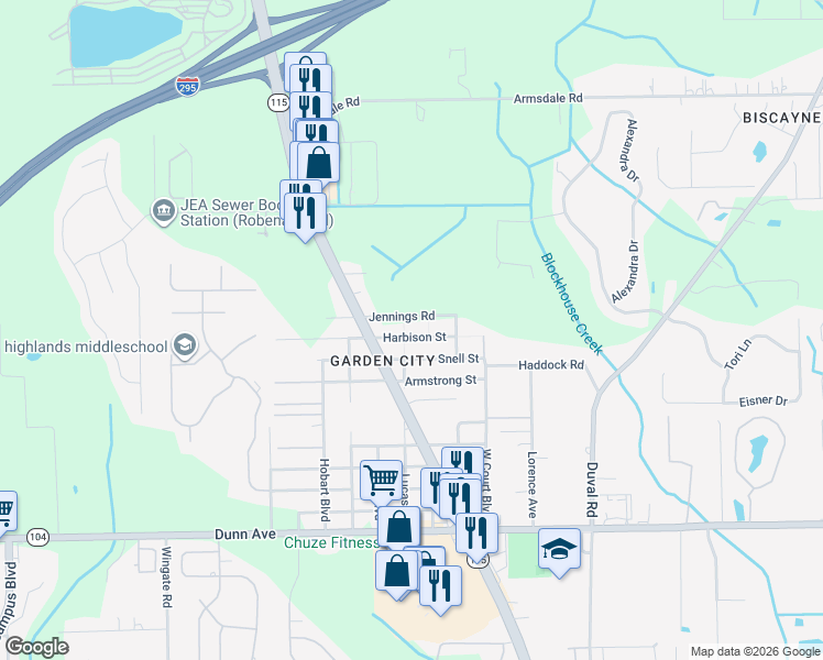 map of restaurants, bars, coffee shops, grocery stores, and more near 3132 Harbison Street in Jacksonville