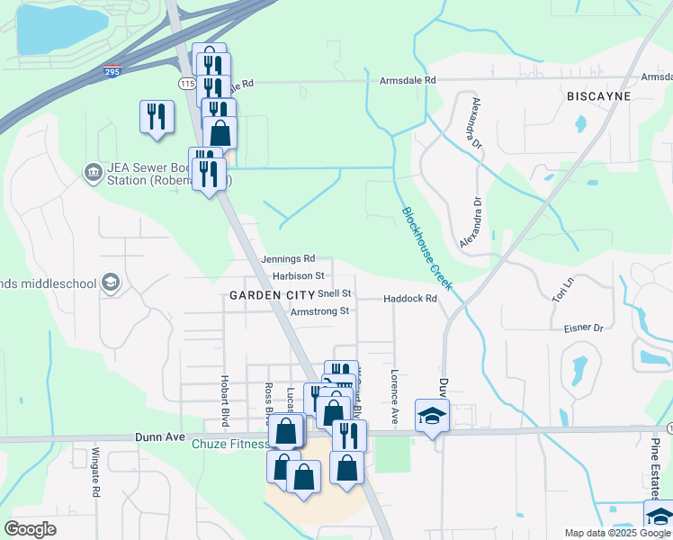 map of restaurants, bars, coffee shops, grocery stores, and more near 11611 Raft Road in Jacksonville