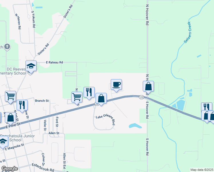 map of restaurants, bars, coffee shops, grocery stores, and more near 154A Village Oaks Boulevard in Ponchatoula