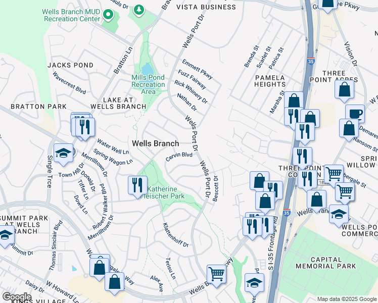 map of restaurants, bars, coffee shops, grocery stores, and more near 2137 Cervin Boulevard in Austin