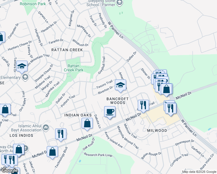 map of restaurants, bars, coffee shops, grocery stores, and more near 6914 Riverton Drive in Austin