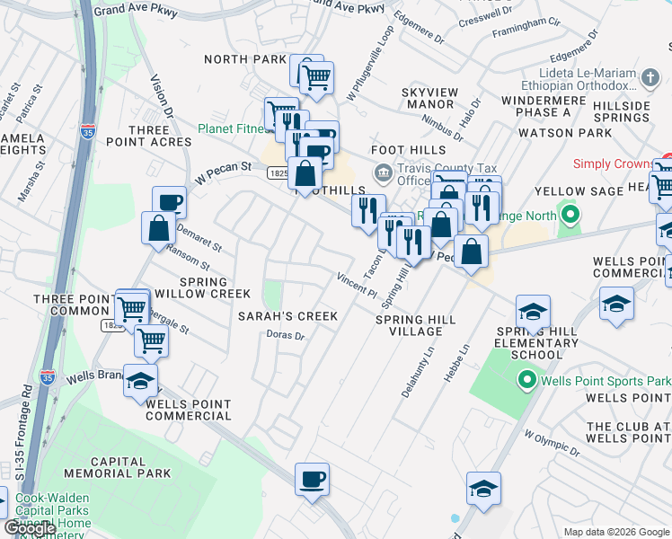 map of restaurants, bars, coffee shops, grocery stores, and more near 1116 Vincent Place in Pflugerville