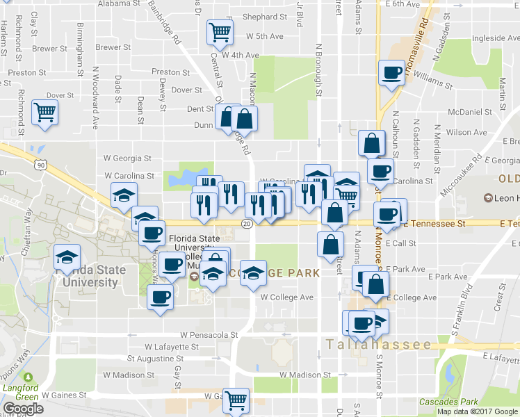 map of restaurants, bars, coffee shops, grocery stores, and more near 457 West Virginia Street in Tallahassee