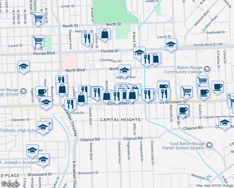 map of restaurants, bars, coffee shops, grocery stores, and more near 370 Edison Street in Baton Rouge