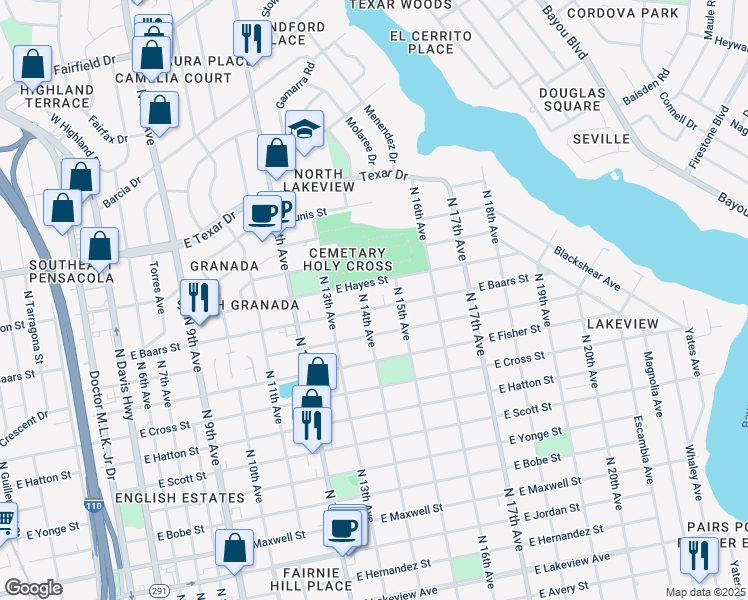 map of restaurants, bars, coffee shops, grocery stores, and more near 1406 East Baars Street in Pensacola
