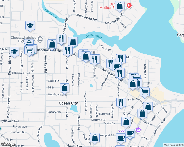 map of restaurants, bars, coffee shops, grocery stores, and more near 2386 Ellison Way in Fort Walton Beach