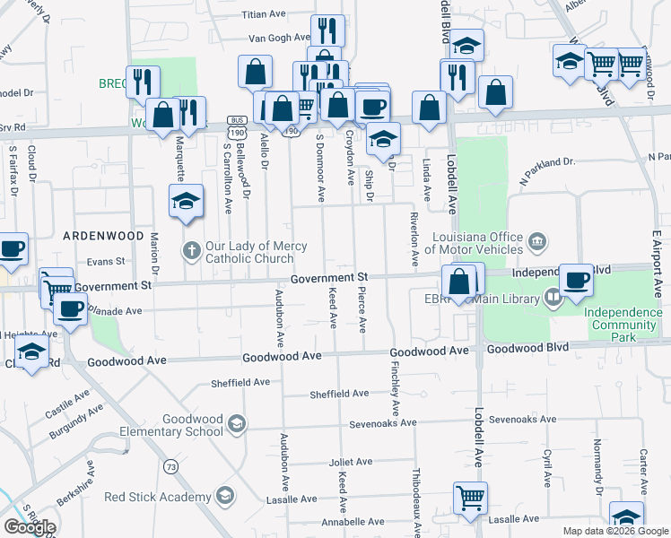 map of restaurants, bars, coffee shops, grocery stores, and more near 7036 Etage Court in Baton Rouge