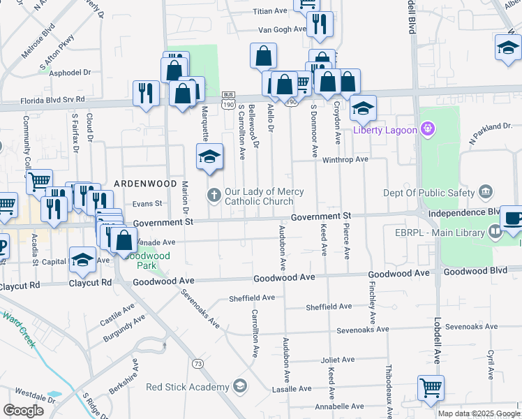 map of restaurants, bars, coffee shops, grocery stores, and more near 457 Bellewood Drive in Baton Rouge