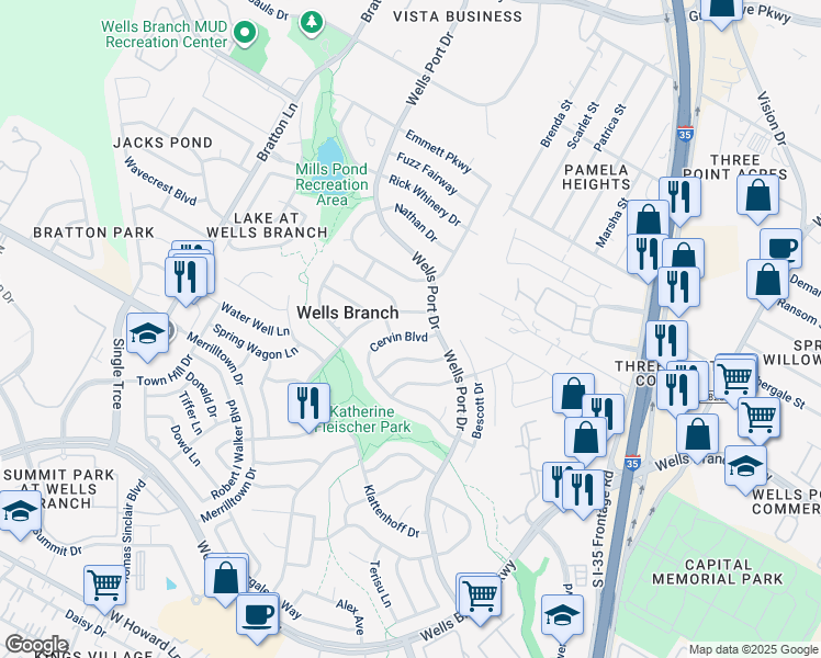 map of restaurants, bars, coffee shops, grocery stores, and more near 2137 Cervin Boulevard in Austin