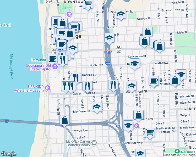 map of restaurants, bars, coffee shops, grocery stores, and more near 235 Grandpre Street in Baton Rouge