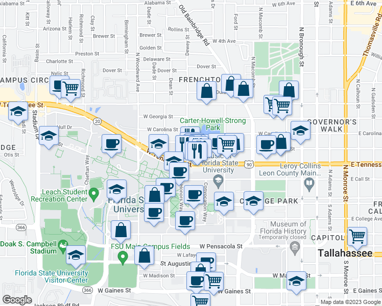 map of restaurants, bars, coffee shops, grocery stores, and more near 695 West Virginia Street in Tallahassee