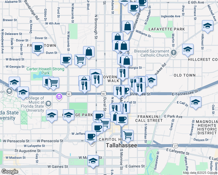 map of restaurants, bars, coffee shops, grocery stores, and more near 324 North Adams Street in Tallahassee