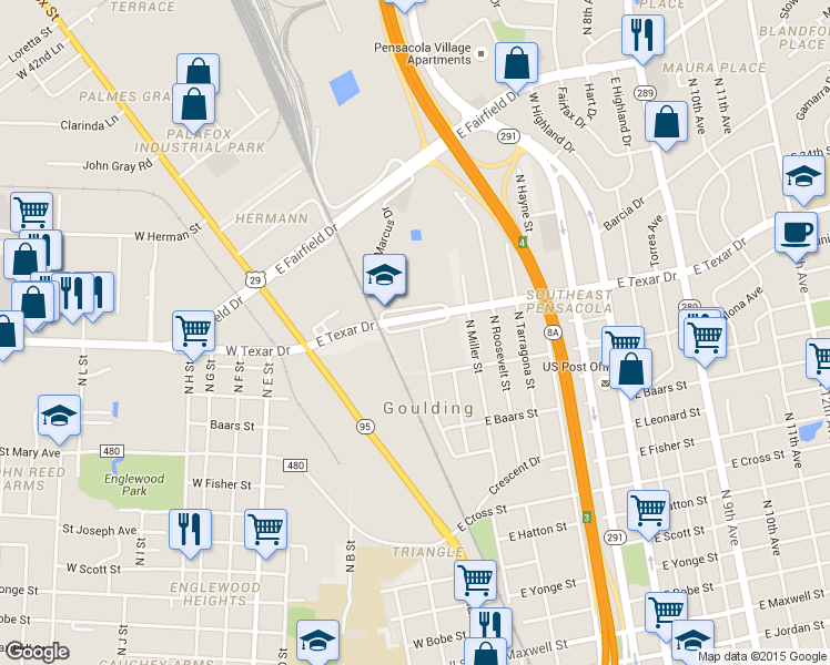 map of restaurants, bars, coffee shops, grocery stores, and more near 3221 North Guillemard Street in Pensacola