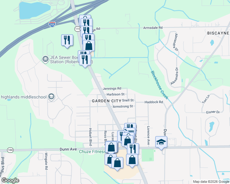 map of restaurants, bars, coffee shops, grocery stores, and more near 3132 Harbison Street in Jacksonville