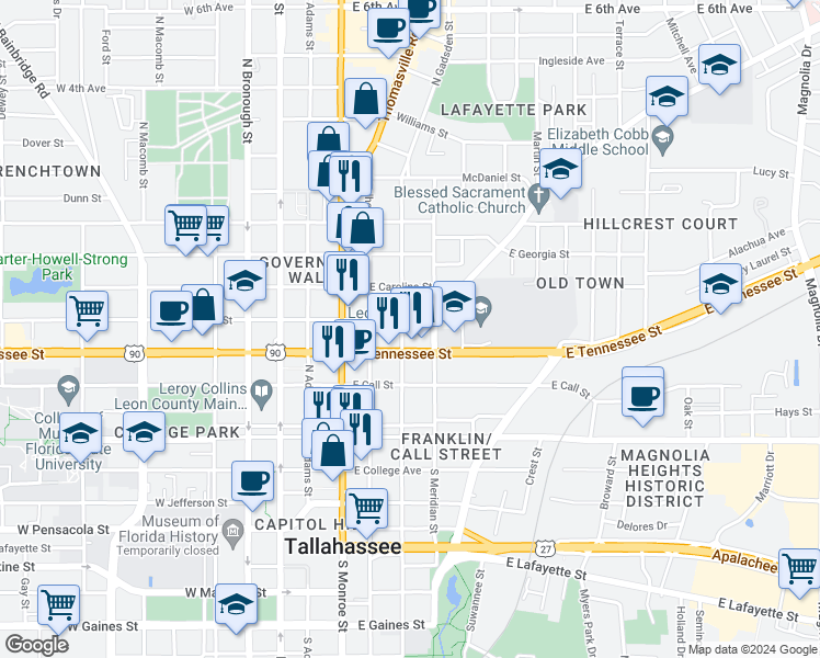 map of restaurants, bars, coffee shops, grocery stores, and more near 419 East Virginia Street in Tallahassee