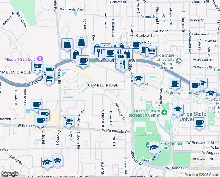 map of restaurants, bars, coffee shops, grocery stores, and more near in Tallahassee
