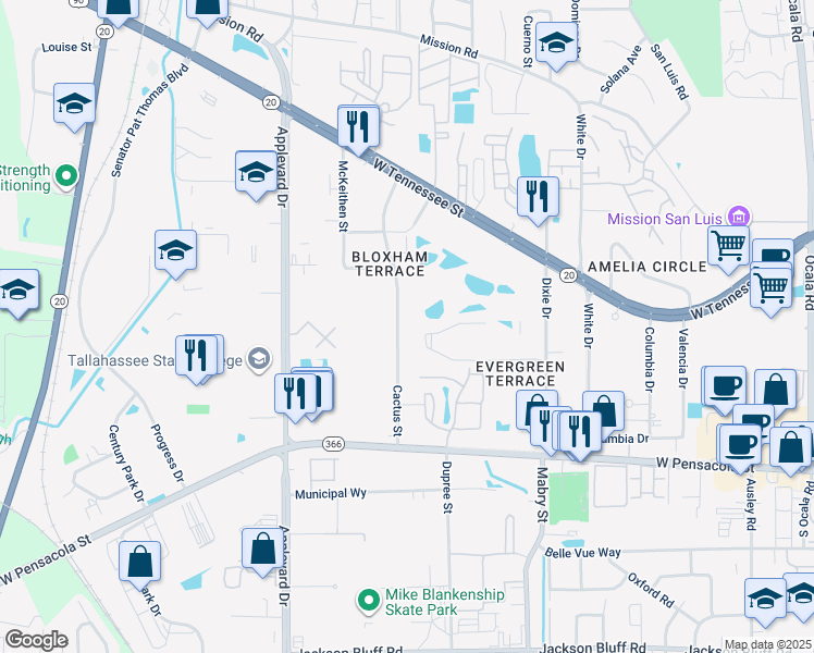 map of restaurants, bars, coffee shops, grocery stores, and more near 221 Cactus Street in Tallahassee