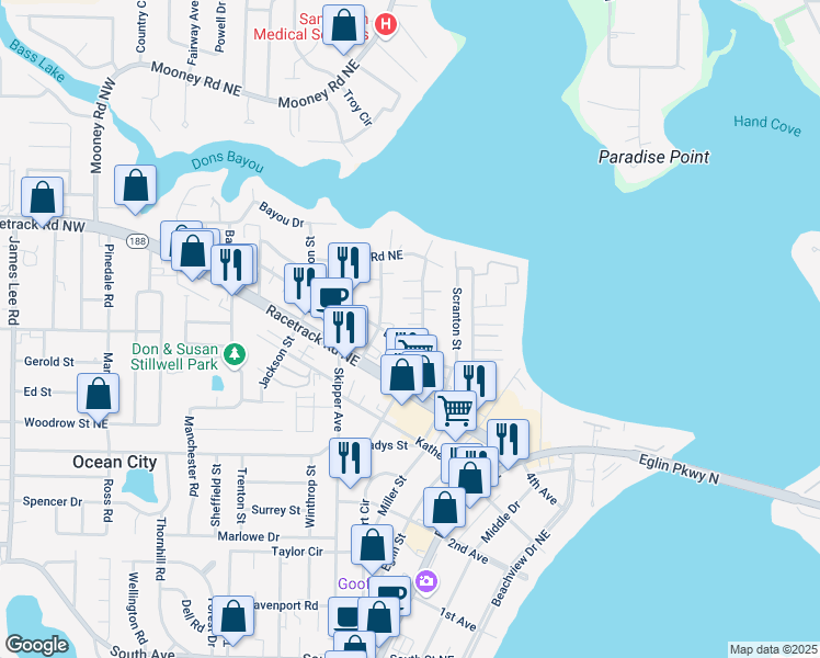 map of restaurants, bars, coffee shops, grocery stores, and more near 110 David Street in Fort Walton Beach