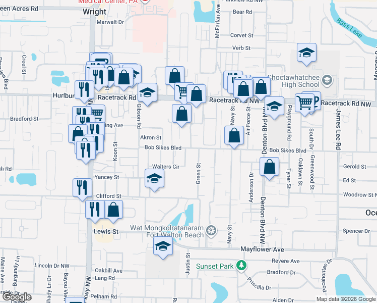 map of restaurants, bars, coffee shops, grocery stores, and more near 123 Bob Sikes Boulevard in Fort Walton Beach