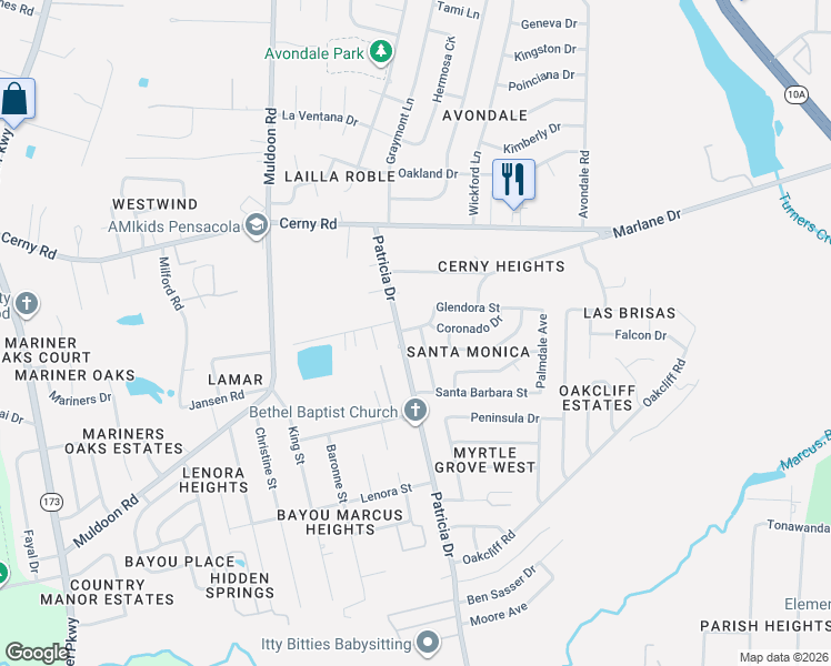 map of restaurants, bars, coffee shops, grocery stores, and more near 3283 Fresno Avenue in Pensacola