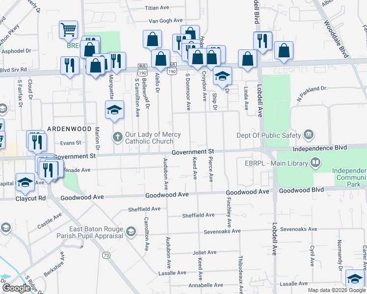 map of restaurants, bars, coffee shops, grocery stores, and more near 6947 Government Street in Baton Rouge