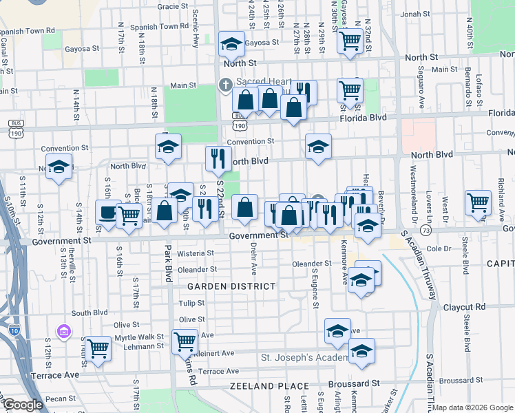 map of restaurants, bars, coffee shops, grocery stores, and more near 323 Delphine Street in Baton Rouge