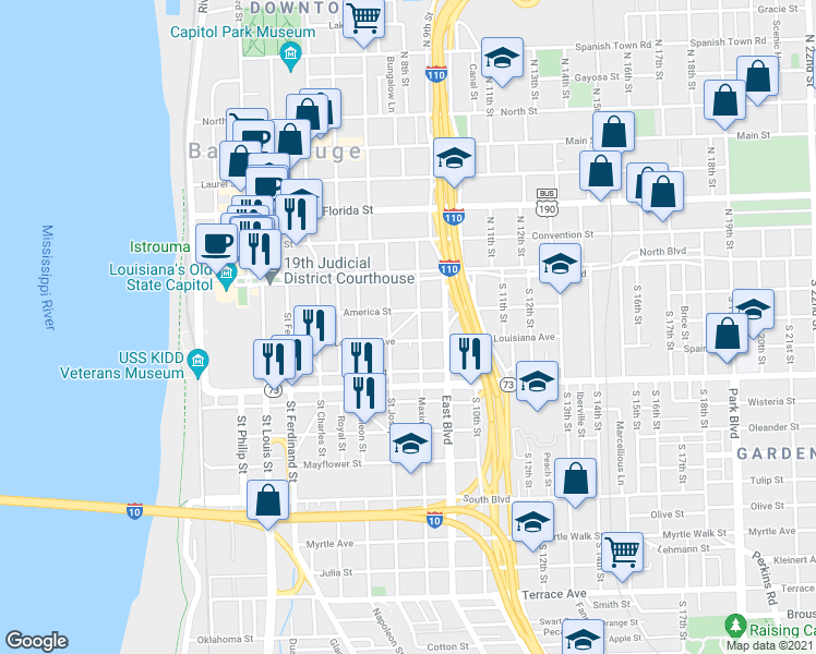 map of restaurants, bars, coffee shops, grocery stores, and more near 235 Grandpre Street in Baton Rouge