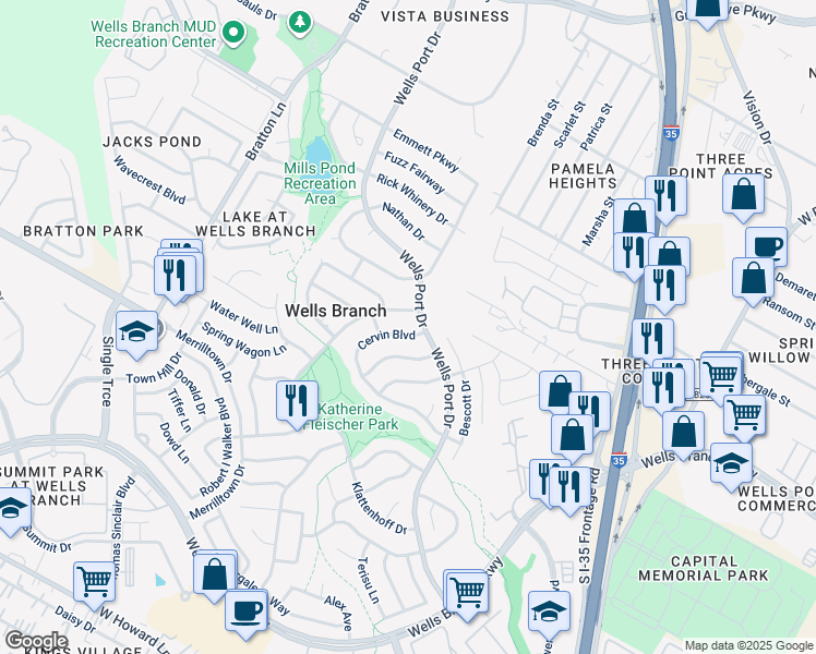 map of restaurants, bars, coffee shops, grocery stores, and more near 2137 Cervin Boulevard in Austin