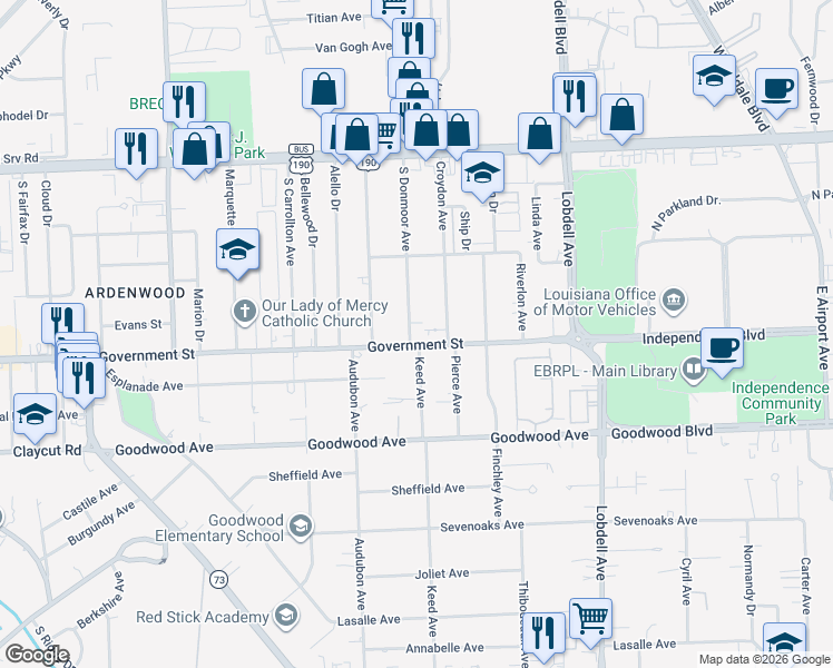 map of restaurants, bars, coffee shops, grocery stores, and more near 7036 Etage Court in Baton Rouge