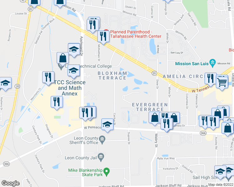 map of restaurants, bars, coffee shops, grocery stores, and more near 221 Cactus Street in Tallahassee