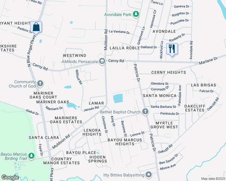 map of restaurants, bars, coffee shops, grocery stores, and more near 7440 Velma Drive in Pensacola
