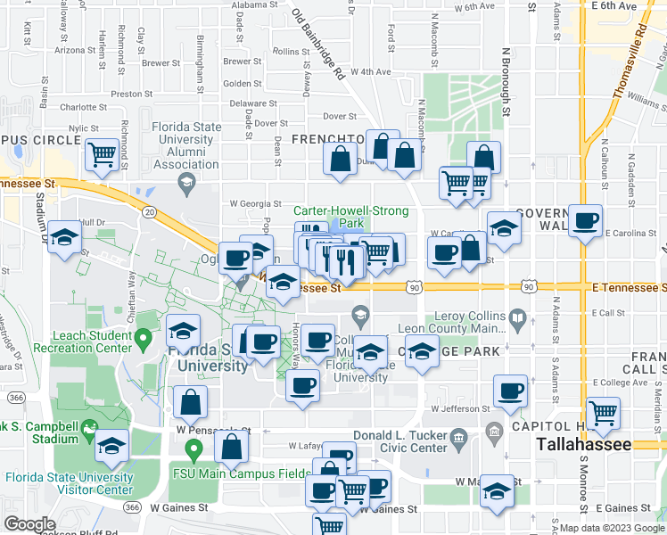 map of restaurants, bars, coffee shops, grocery stores, and more near 28 Raven Street in Tallahassee