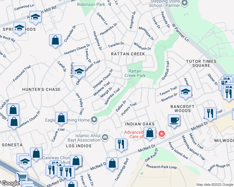 map of restaurants, bars, coffee shops, grocery stores, and more near 12915 Marimba Trail in Austin