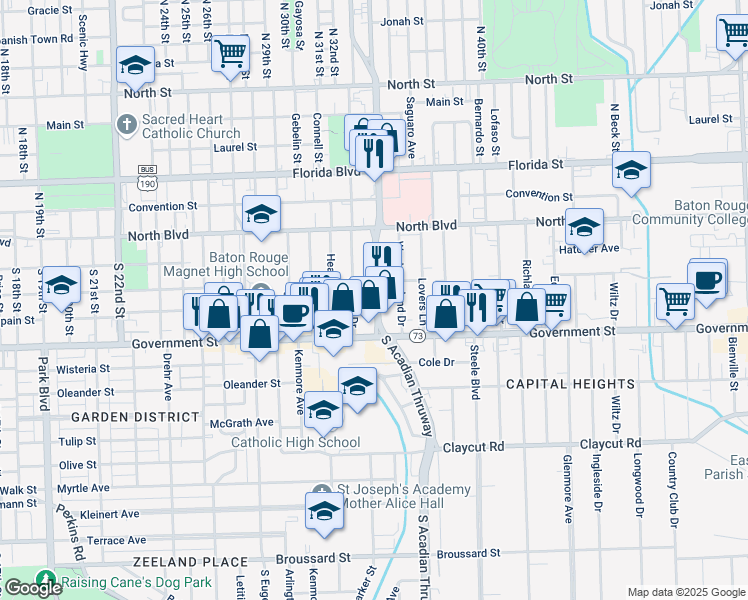 map of restaurants, bars, coffee shops, grocery stores, and more near 350 South Acadian Thruway in Baton Rouge