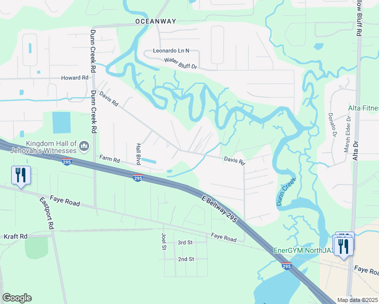 map of restaurants, bars, coffee shops, grocery stores, and more near 2104 Davis Road in Jacksonville