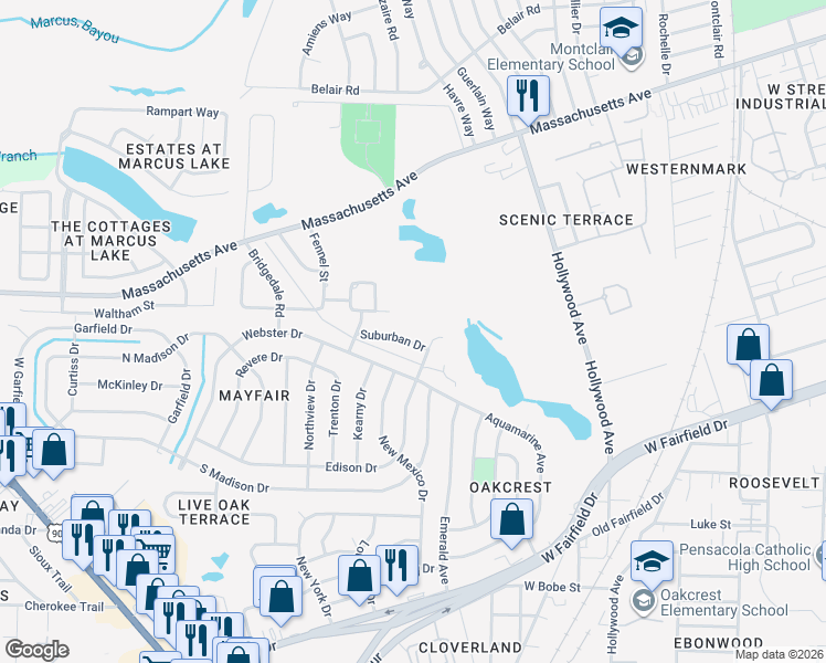 map of restaurants, bars, coffee shops, grocery stores, and more near 1215 Suburban Dr in Pensacola