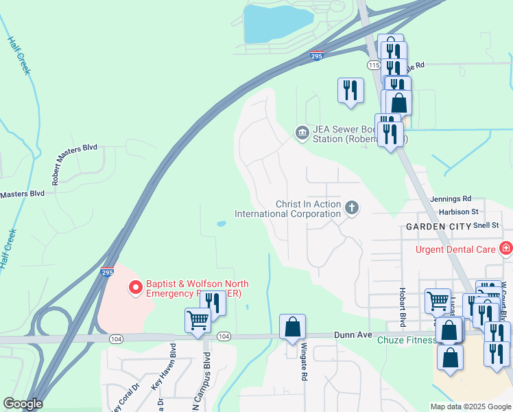 map of restaurants, bars, coffee shops, grocery stores, and more near 11622 Pleasant Creek Drive in Jacksonville
