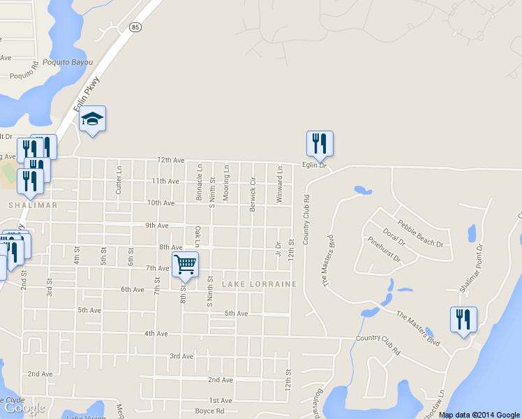map of restaurants, bars, coffee shops, grocery stores, and more near 73 11th Street in Shalimar