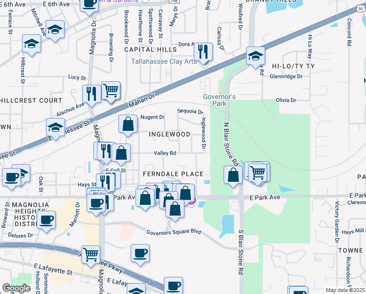 map of restaurants, bars, coffee shops, grocery stores, and more near 303 Chestnut Dr in Tallahassee