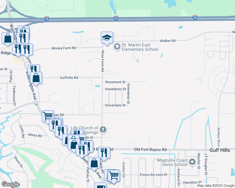 map of restaurants, bars, coffee shops, grocery stores, and more near 7120 Thornbriar Street in Ocean Springs